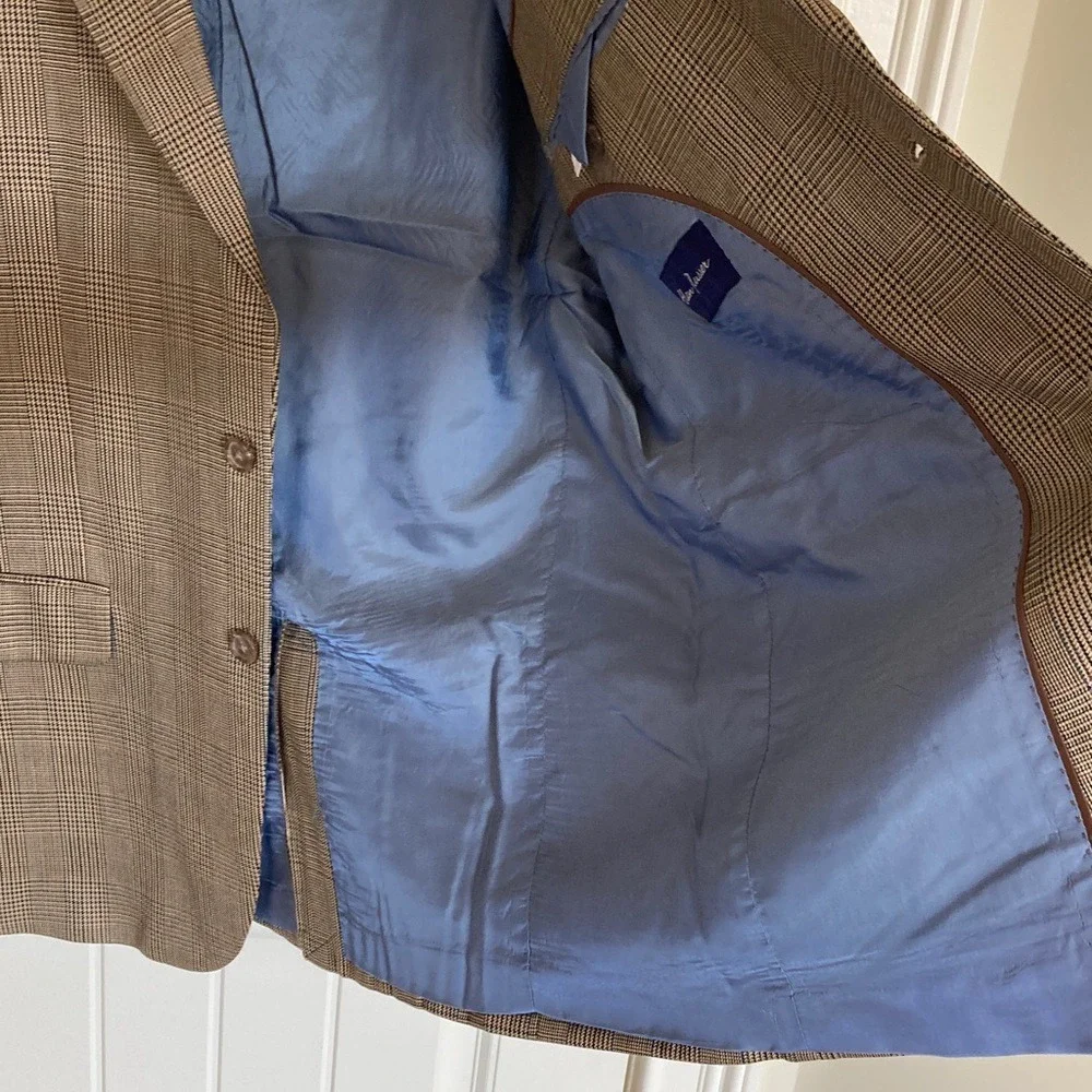 Alan Flusser Mens Classic Brown Plaid‎ 2 Button Blazer Sport Coat Size 44R Wool